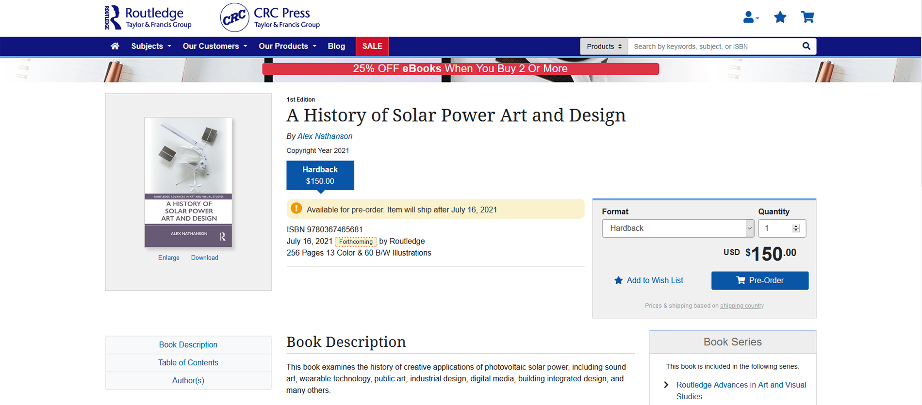 Screen grab from Routledge's website depicting the book A History of Solar Power Art and Design