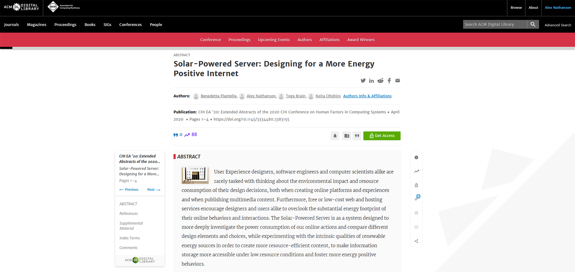 Screen grab from the ACM website depicting the Solar Powered Media project's page from Chi 2020.